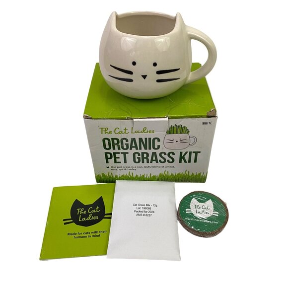 The Cat Ladies Organic Pet Grass Kit White Kitty Face Planter Garden Plants - Picture 1 of 15